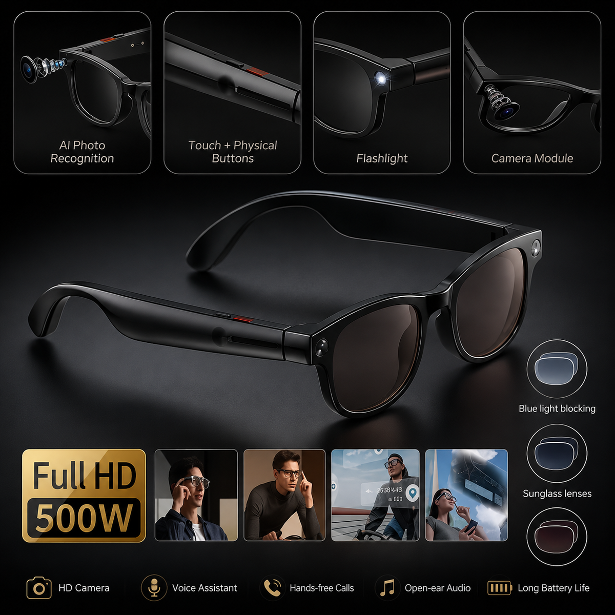 AI Smart Glasses Voice Control Bluetooth HD1080P